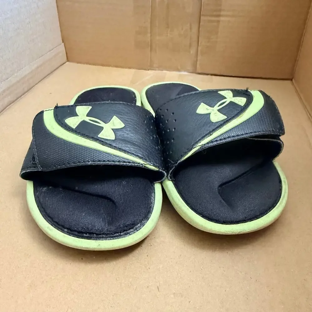 Under Armour Boys Slides Sandals 4D Foam Footbed Neon Green Black Size 1 Youth